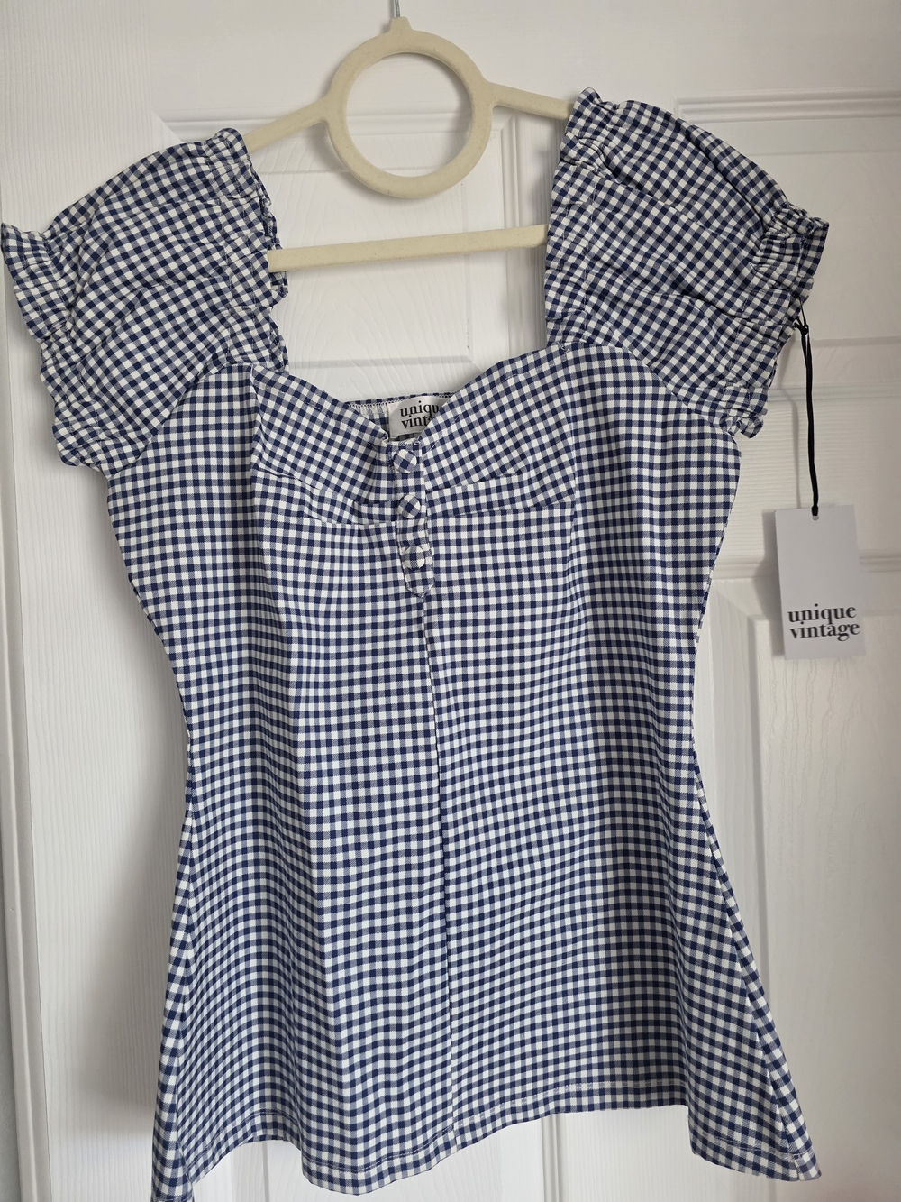 Unique Vintage Navy and White Gingham Puff-Sleeve Blouse